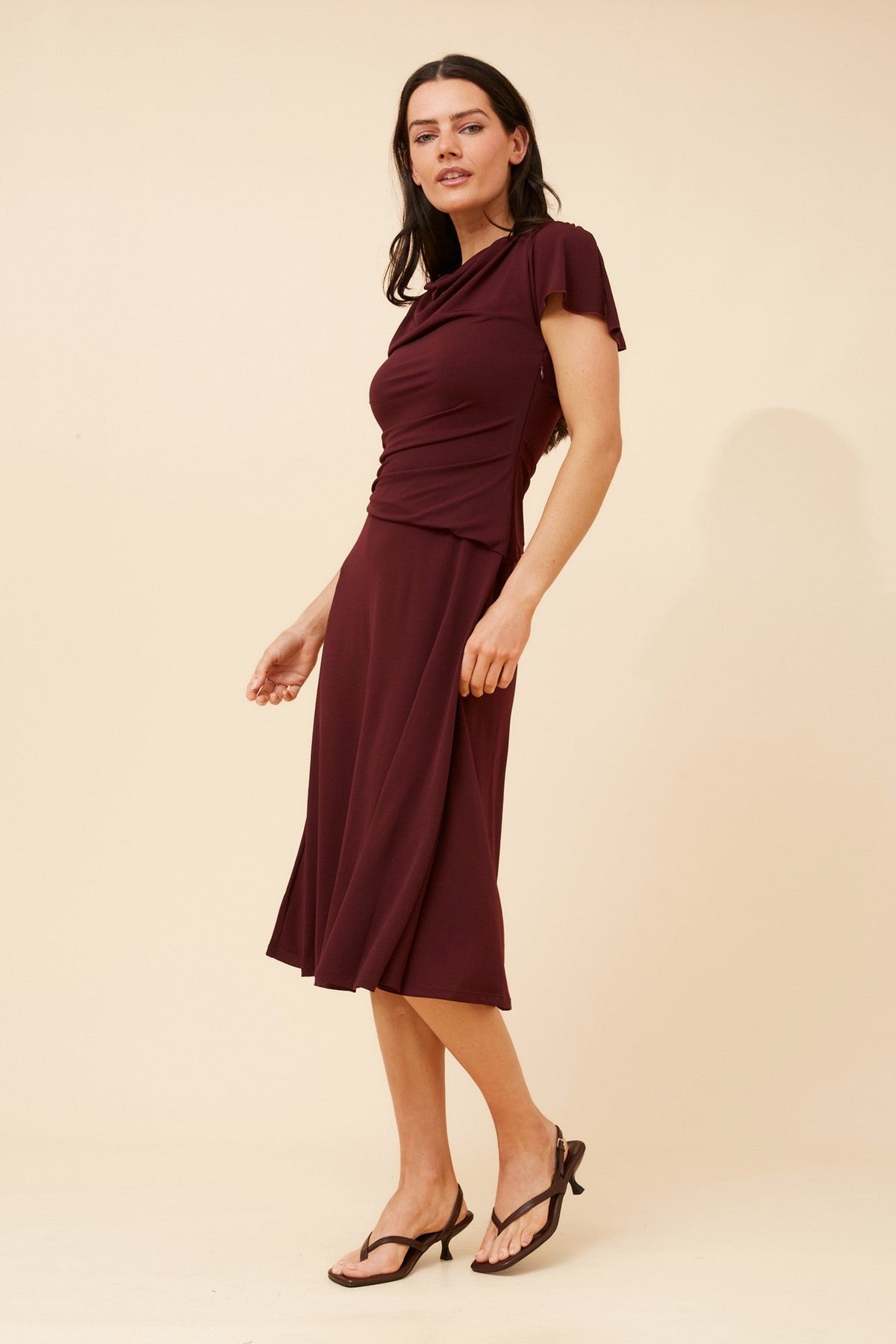 Image of Dresses. Product name - JIANNA SOLID MIDI DRESS in Burgundy colour by brand - Caroline Morgan Australia