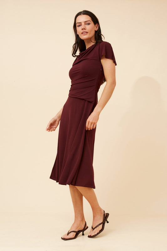 Image of Dresses. Product name - JIANNA SOLID MIDI DRESS in Burgundy colour by brand - Caroline Morgan Australia