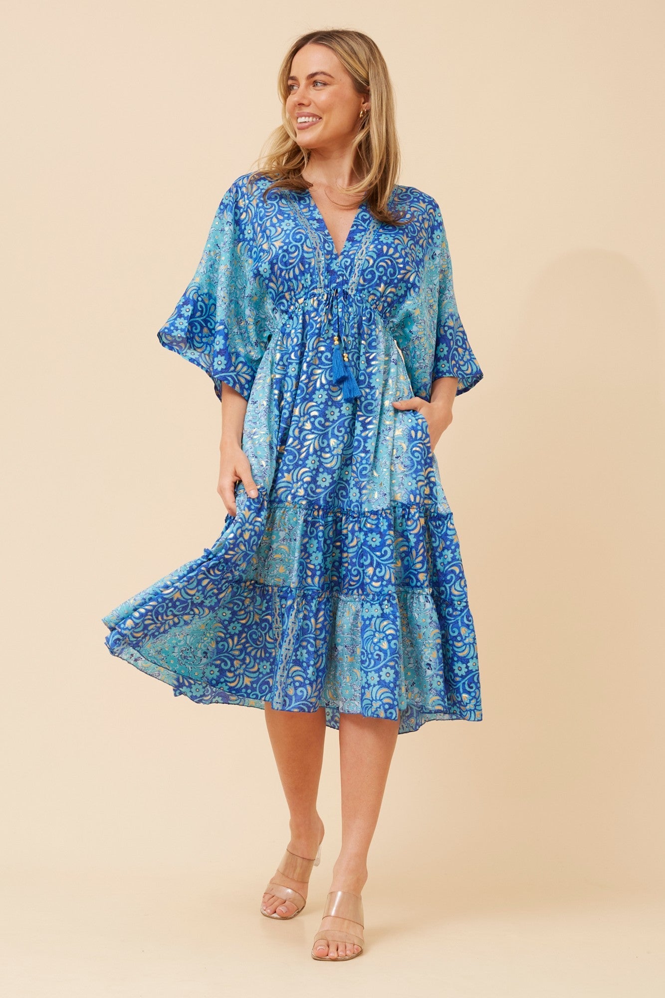 Image of Dresses. Product name - CHANDI FOIL PRINT MIDI DRESS in Blue colour by brand - MYSTIC MONSOON