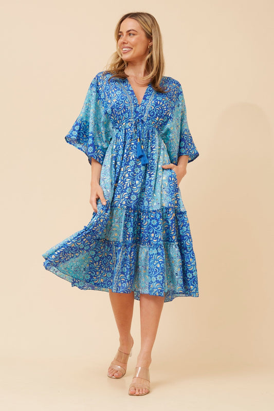 Image of Dresses. Product name - CHANDI FOIL PRINT MIDI DRESS in Blue colour by brand - MYSTIC MONSOON
