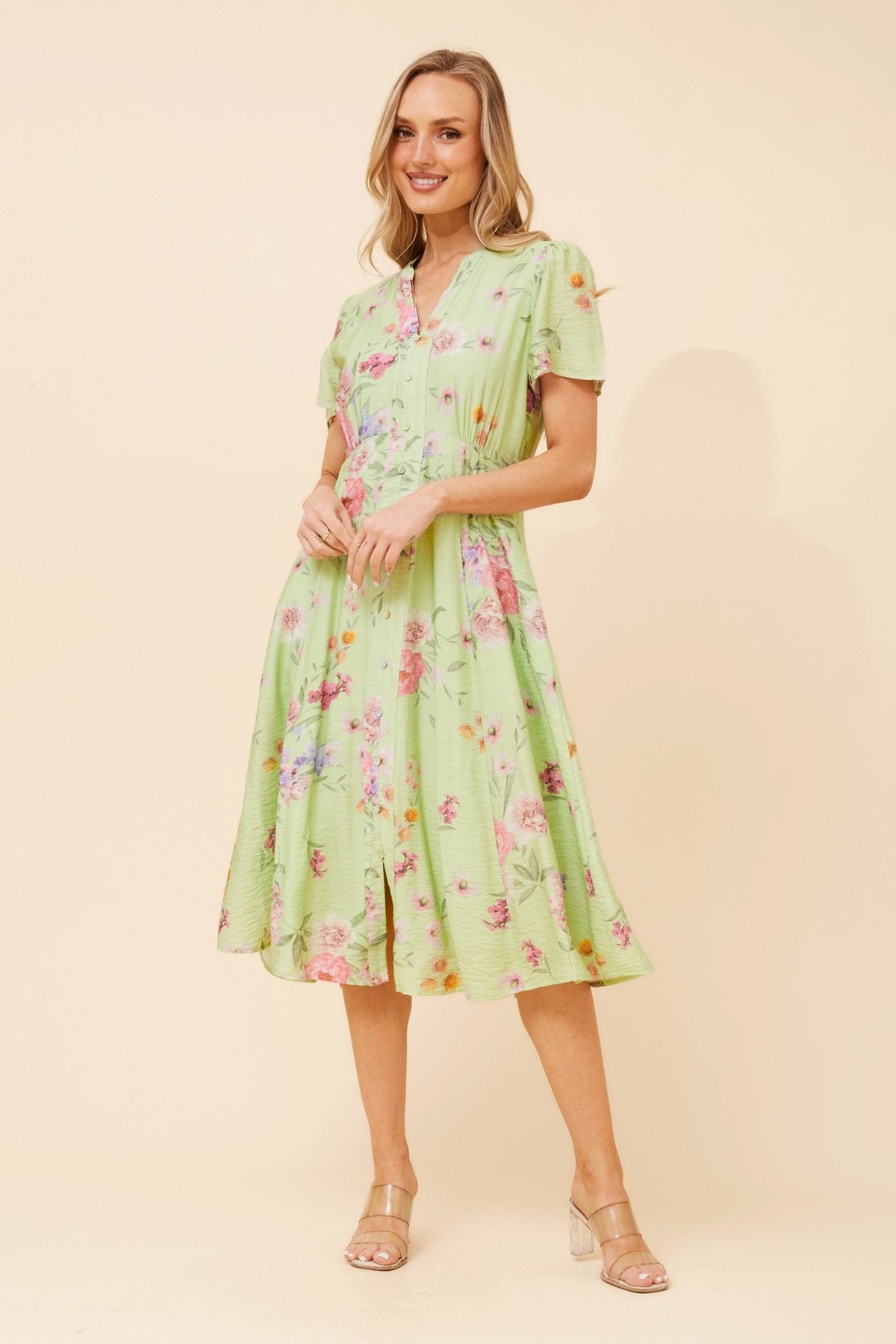 Image of Dresses. Product name - LONNIE FLORAL MIDI DRESS in Mint Mist colour by brand - Caroline Morgan Australia