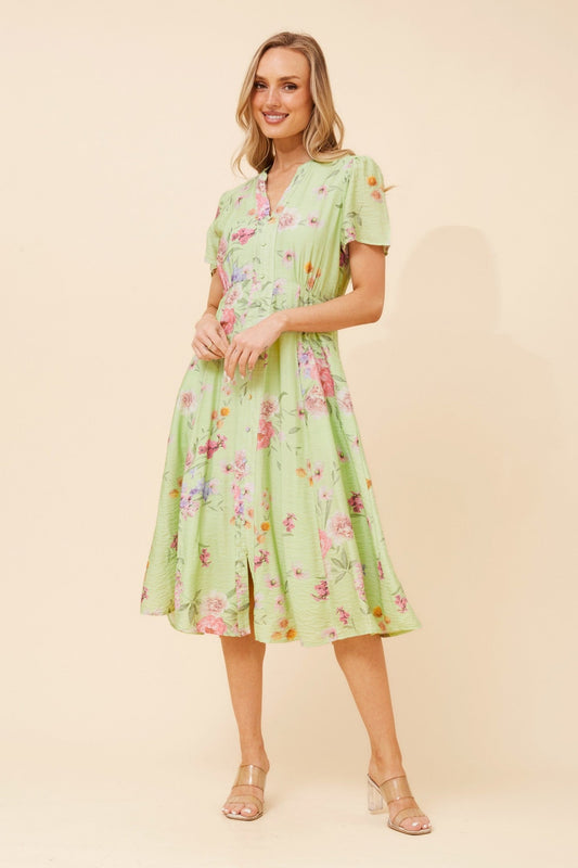 Image of Dresses. Product name - LONNIE FLORAL MIDI DRESS in Mint Mist colour by brand - Caroline Morgan Australia