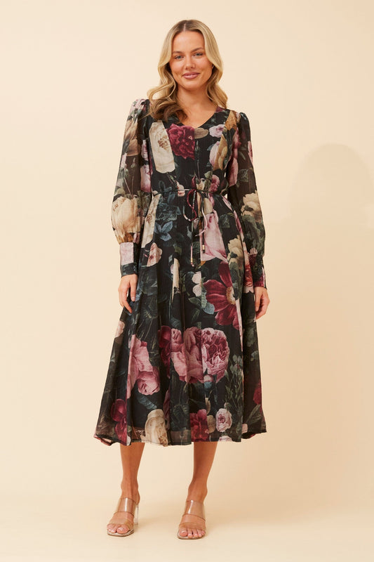Image of Dresses. Product name - JANAE FLORAL MIDI DRESS in Multi Black colour by brand - Caroline Morgan Australia