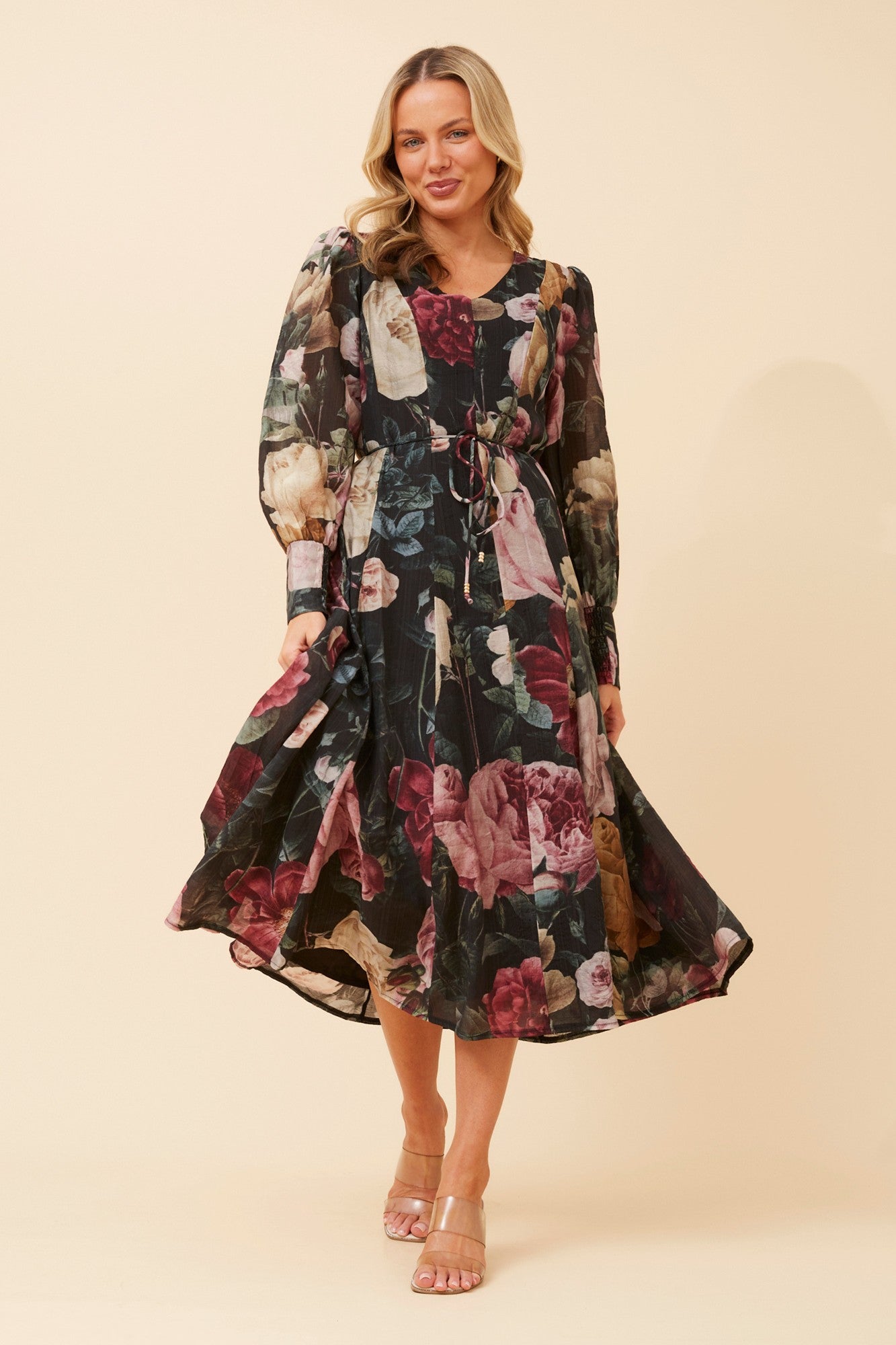 JANAE FLORAL MIDI DRESS (Multi Black)