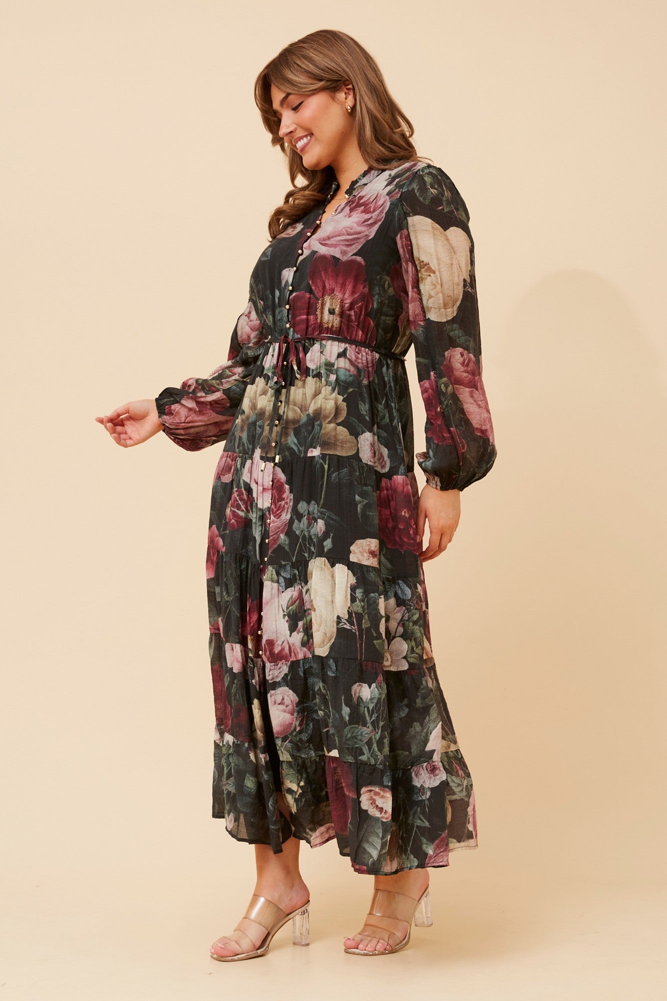Image of Dresses. Product name - BRONYA FLORAL MAXI DRESS in Multi Black colour by brand - Caroline Morgan Australia