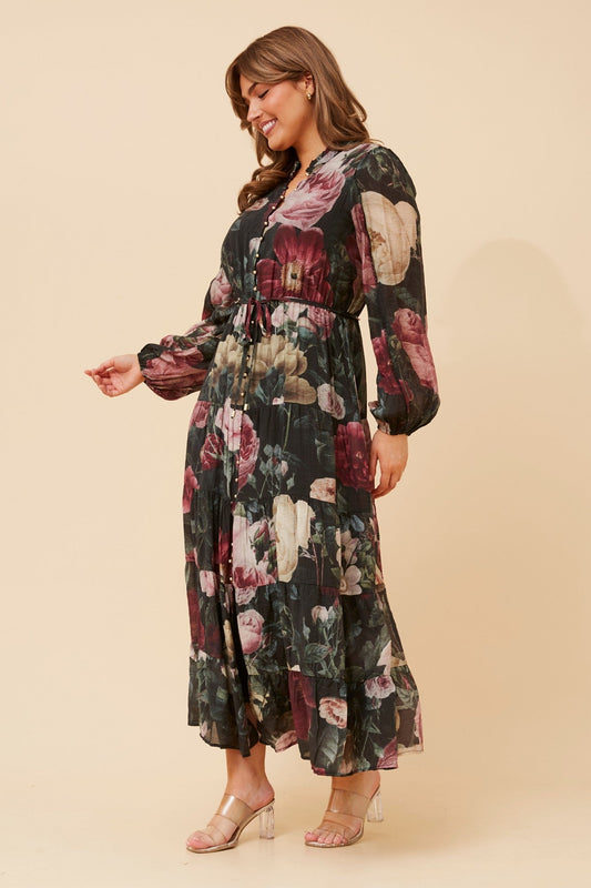 Image of Dresses. Product name - BRONYA FLORAL MAXI DRESS in Multi Black colour by brand - Caroline Morgan Australia