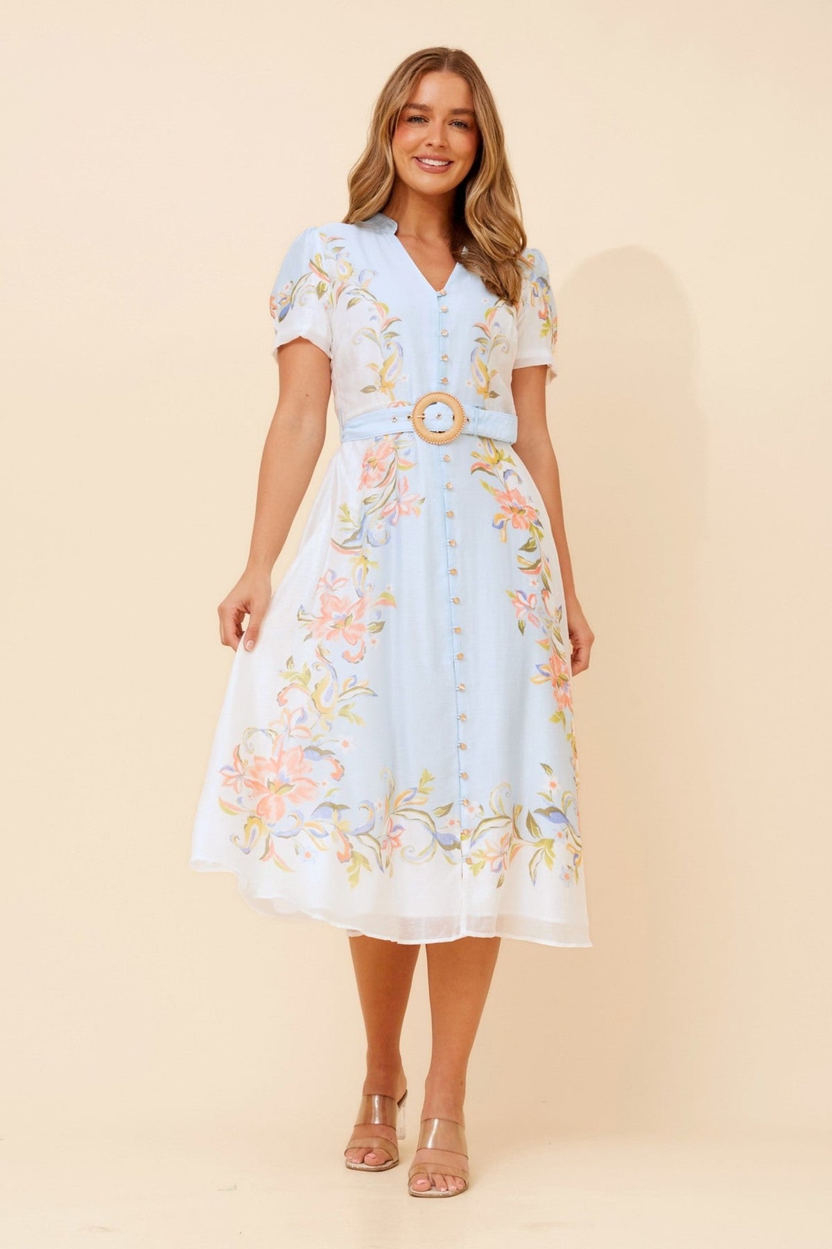 Image of Dresses. Product name - EMBRACE FLORAL MIDI DRESS in Multi Blue colour by brand - Stella + Biancca