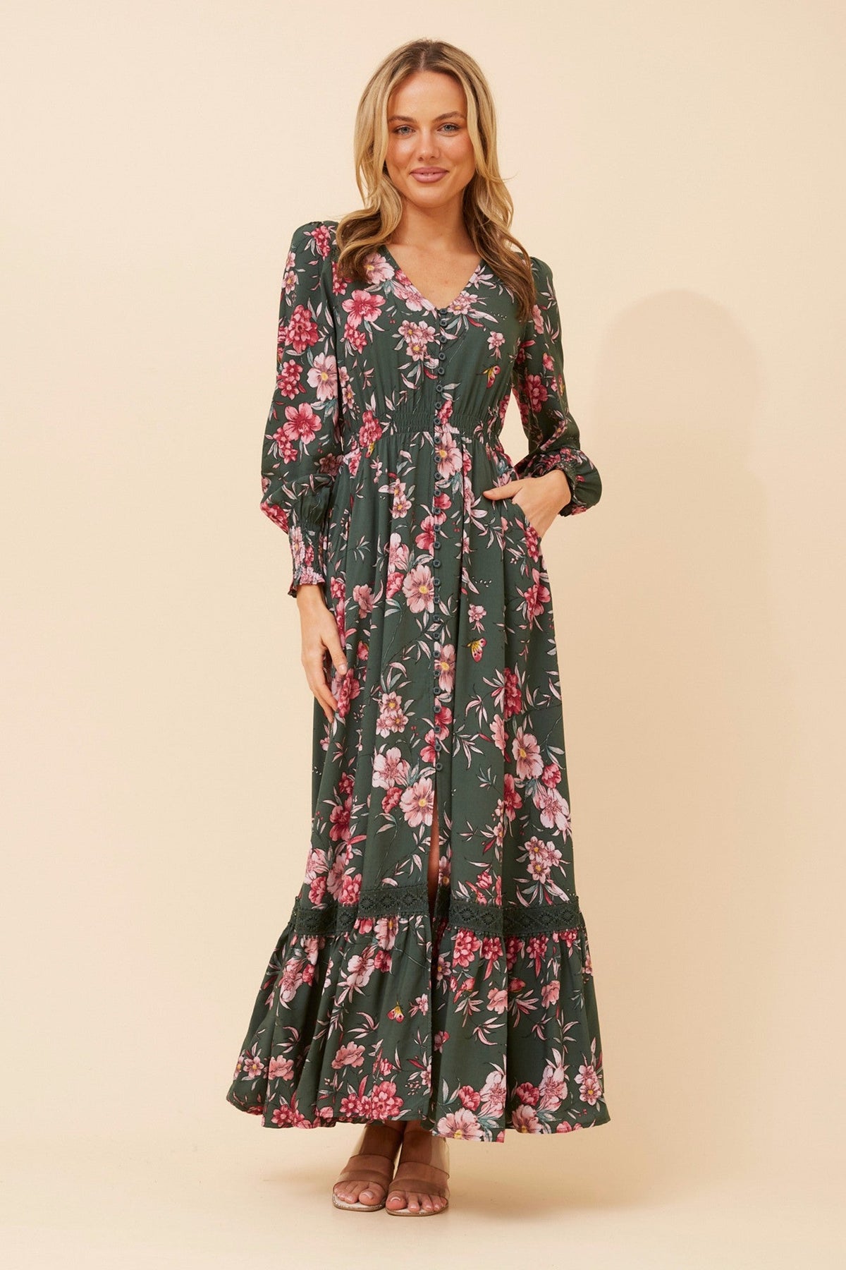 Image of Dresses. Product name - MARRAKECH FLORAL MAXI DRESS in Green Ash colour by brand - Caroline Morgan Australia