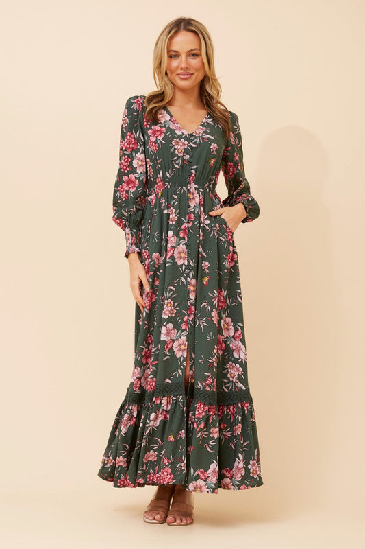 Image of Dresses. Product name - MARRAKECH FLORAL MAXI DRESS in Green Ash colour by brand - Caroline Morgan Australia