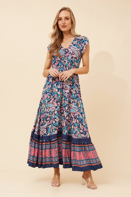 Image of Dresses. Product name - MOROCCO FLORAL MAXI DRESS in Navy colour by brand - Caroline Morgan Australia