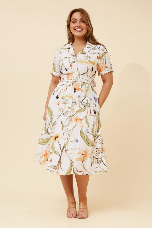 Image of Dresses. Product name - ALANIA LINEN BLEND MIDI DRESS in Porcelain colour by brand - Caroline Morgan Australia