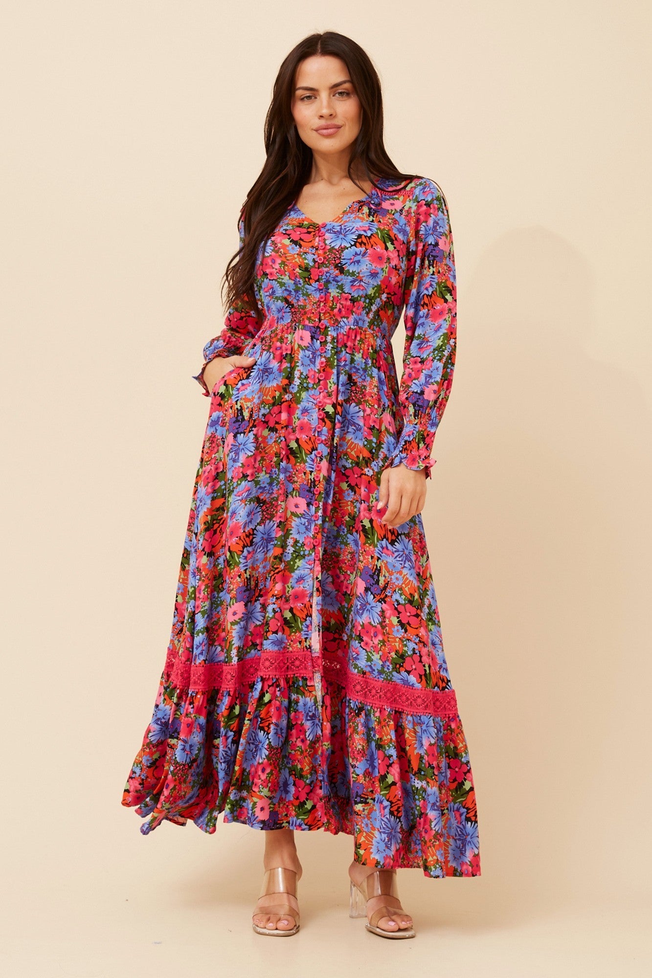 Image of Dresses. Product name - MARRAKECH FLORAL MAXI DRESS in Fuchsia colour by brand - Caroline Morgan Australia