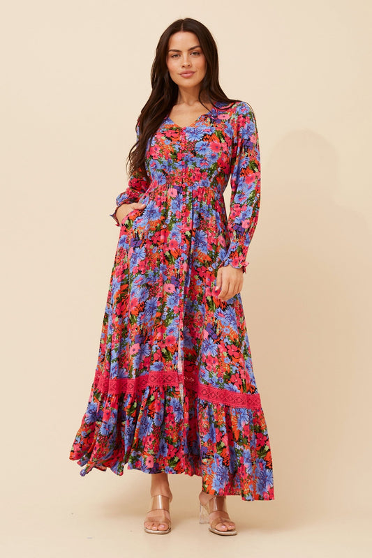 Image of Dresses. Product name - MARRAKECH FLORAL MAXI DRESS in Fuchsia colour by brand - Caroline Morgan Australia