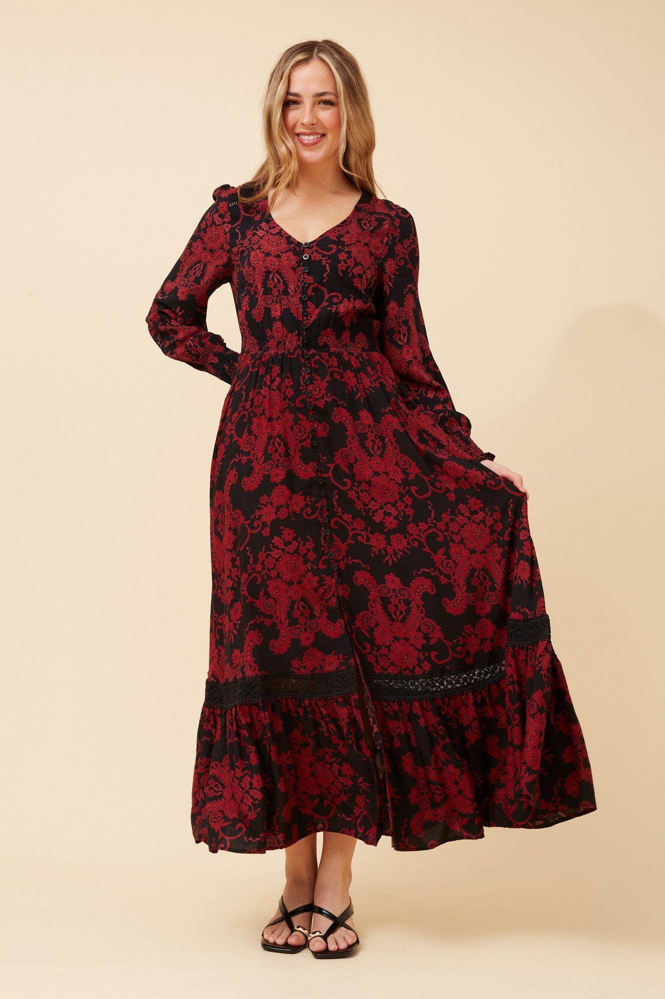 Image of Dresses. Product name - MARRAKECH FLORAL MAXI DRESS in Black colour by brand - Caroline Morgan Australia