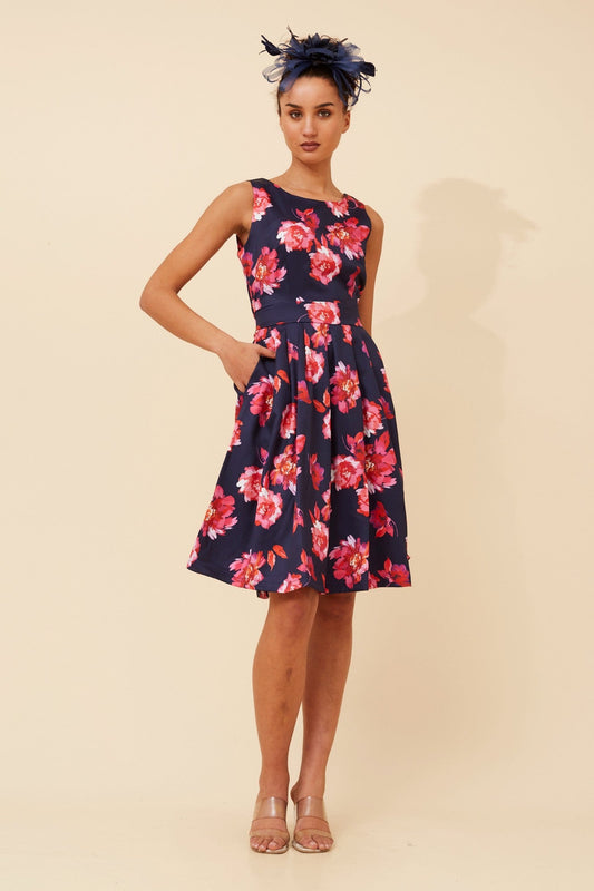 Image of Dresses. Product name - GINGER FLORAL DRESS in Navy colour by brand - Caroline Morgan Australia