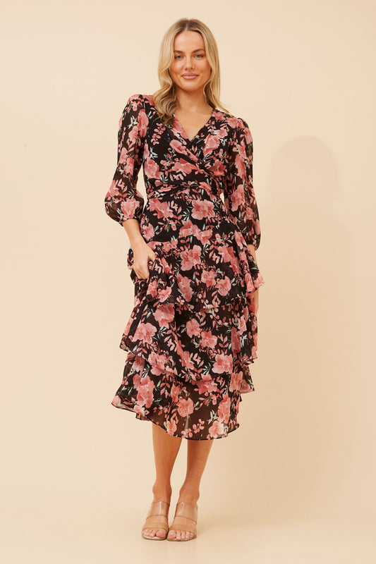 Image of Dresses. Product name - BIBIANA FLORAL MIDI DRESS in Multi Pink colour by brand - Caroline Morgan Australia
