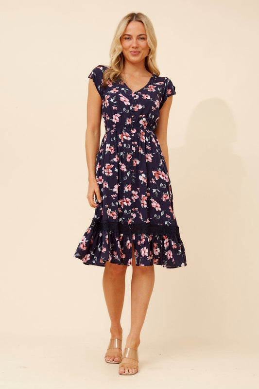 Image of Dresses. Product name - MOROCCO FLORAL DRESS in Navy colour by brand - Caroline Morgan Australia