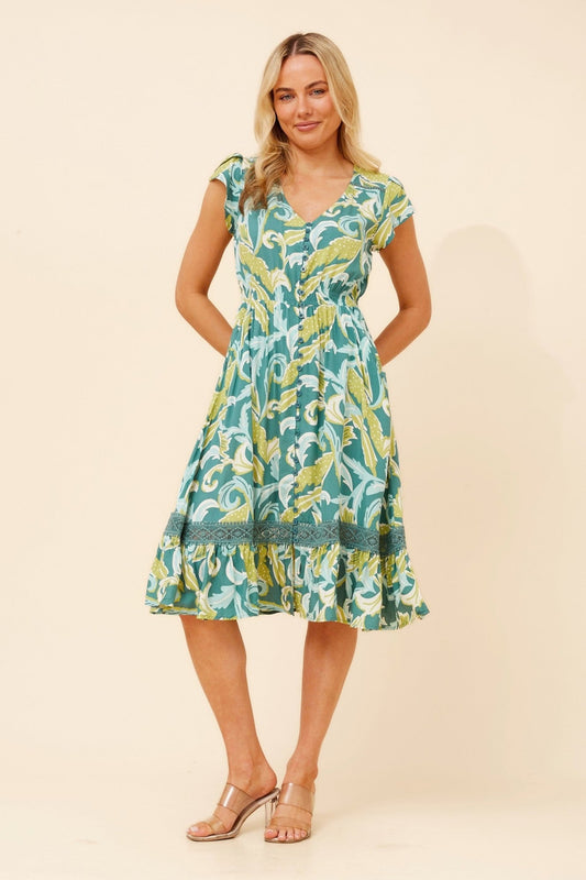 Image of Dresses. Product name - MOROCCO LEAF PRINT DRESS in Green Ash colour by brand - Caroline Morgan Australia