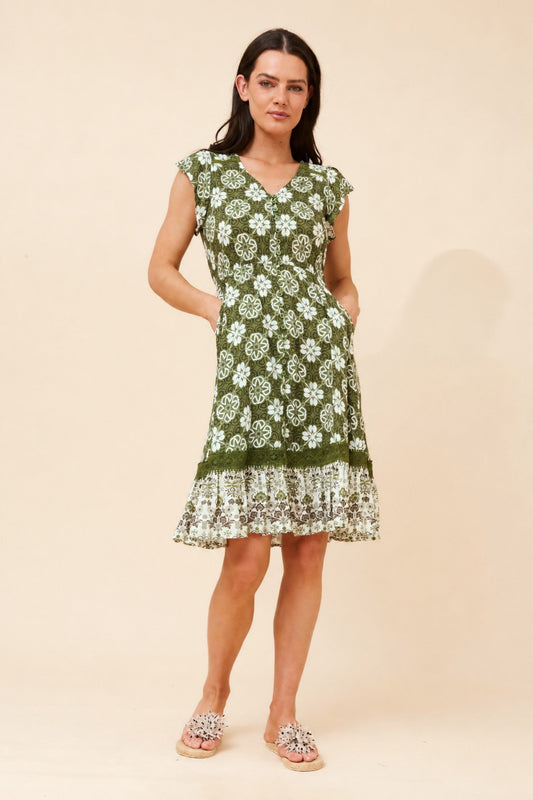 Image of Dresses. Product name - MOROCCO BORDER PRINT DRESS in Olive colour by brand - Caroline Morgan Australia