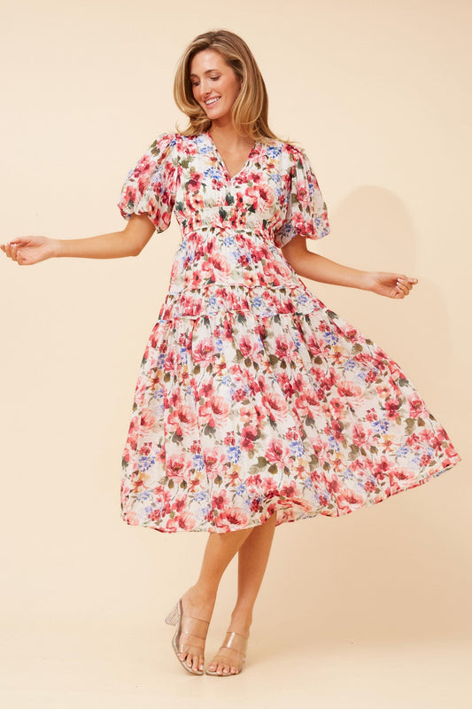 Image of Dresses. Product name - ANUSHKA FLORAL MIDI DRESS in Multi Pink colour by brand - Caroline Morgan Australia