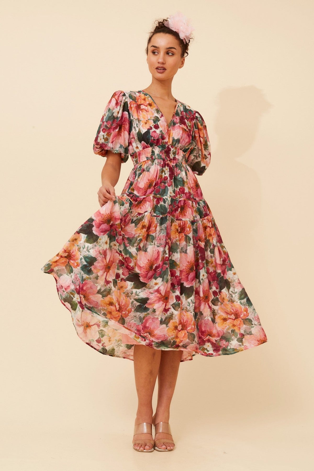 Image of Dresses. Product name - ANUSHKA FLORAL MIDI DRESS in Multi Pink colour by brand - Caroline Morgan Australia