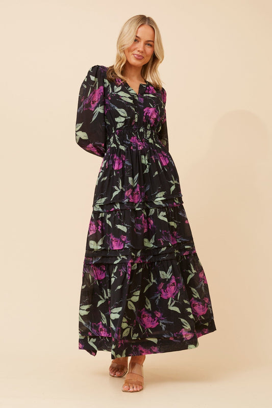 Image of Dresses. Product name - BONINA FLORAL MAXI DRESS in Black colour by brand - Caroline Morgan Australia