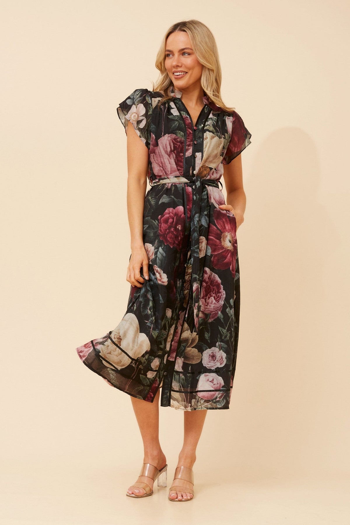 Image of Dresses. Product name - HARLAN FLORAL MIDI DRESS in Multi Black colour by brand - Caroline Morgan Australia