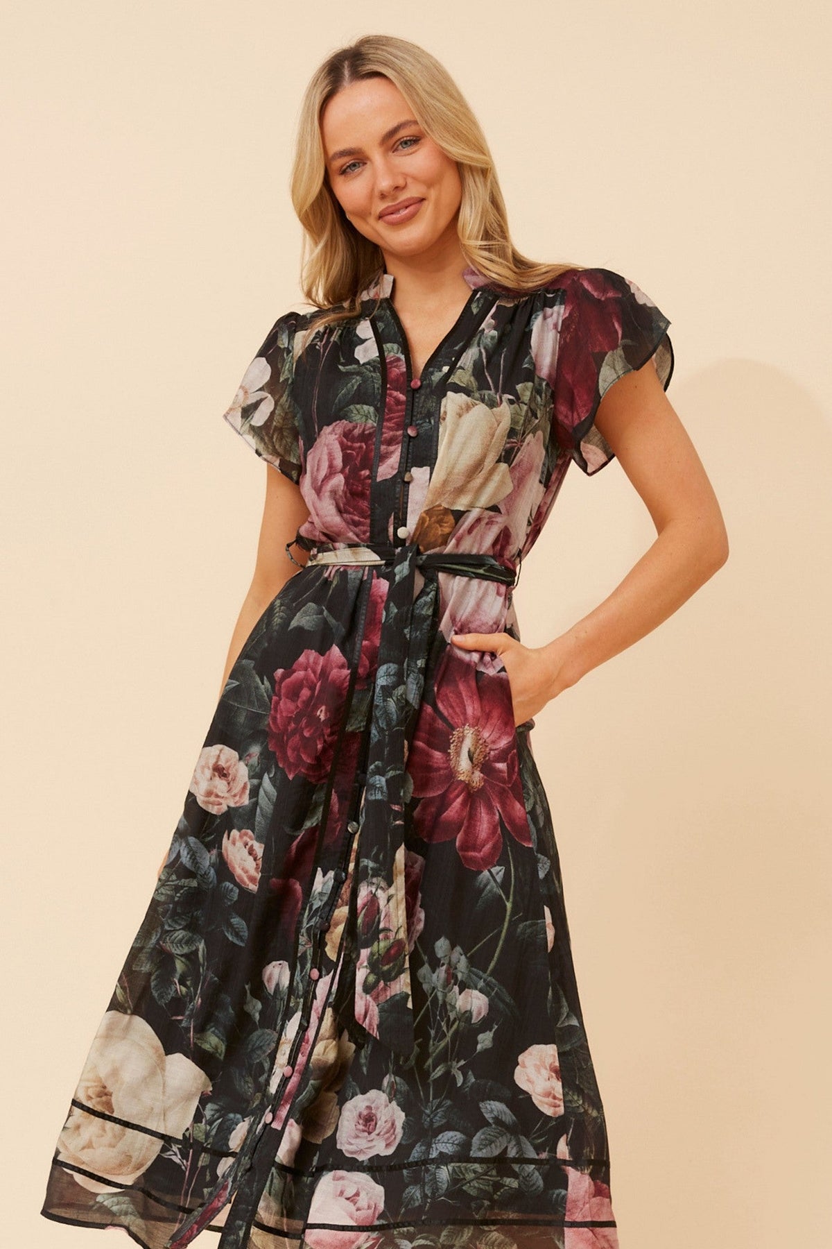 HARLAN FLORAL MIDI DRESS (Multi Black)