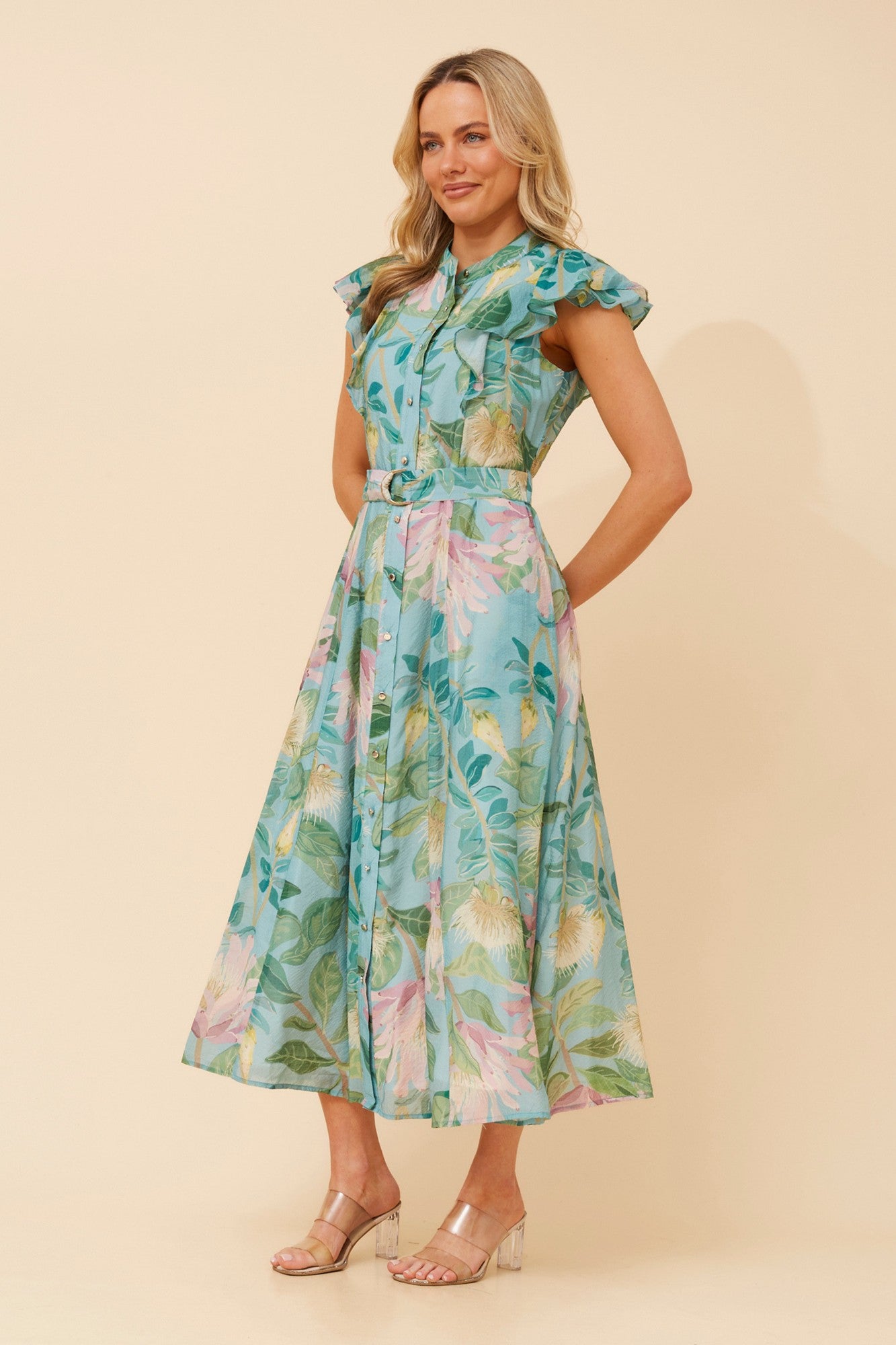 Image of Dresses. Product name - MATHILDE FLORAL MAXI DRESS in Aqua colour by brand - Caroline Morgan Australia