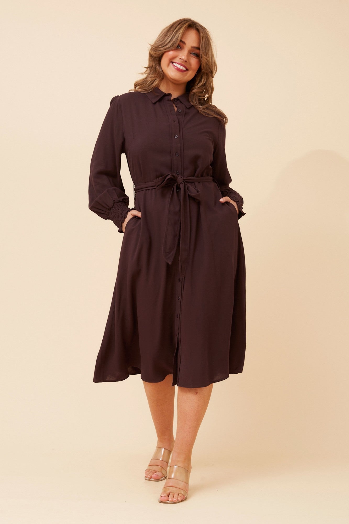Image of Dresses. Product name - JOVIELLE SOLID MIDI DRESS in Chocolate colour by brand - Caroline Morgan Australia