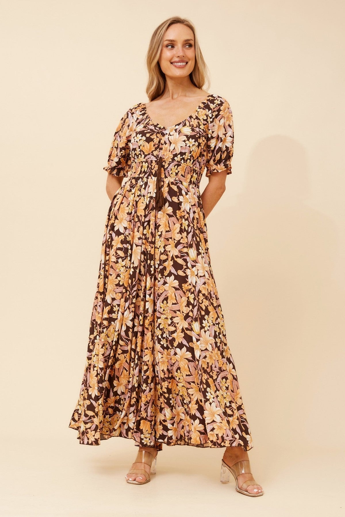 Image of Dresses. Product name - DAISY FLORAL MAXI DRESS in Chocolate colour by brand - Caroline Morgan Australia