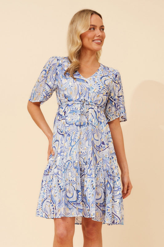 Image of Dresses. Product name - DIAMOND ABSTRACT PRINT DRESS in Blue colour by brand - Caroline Morgan Australia