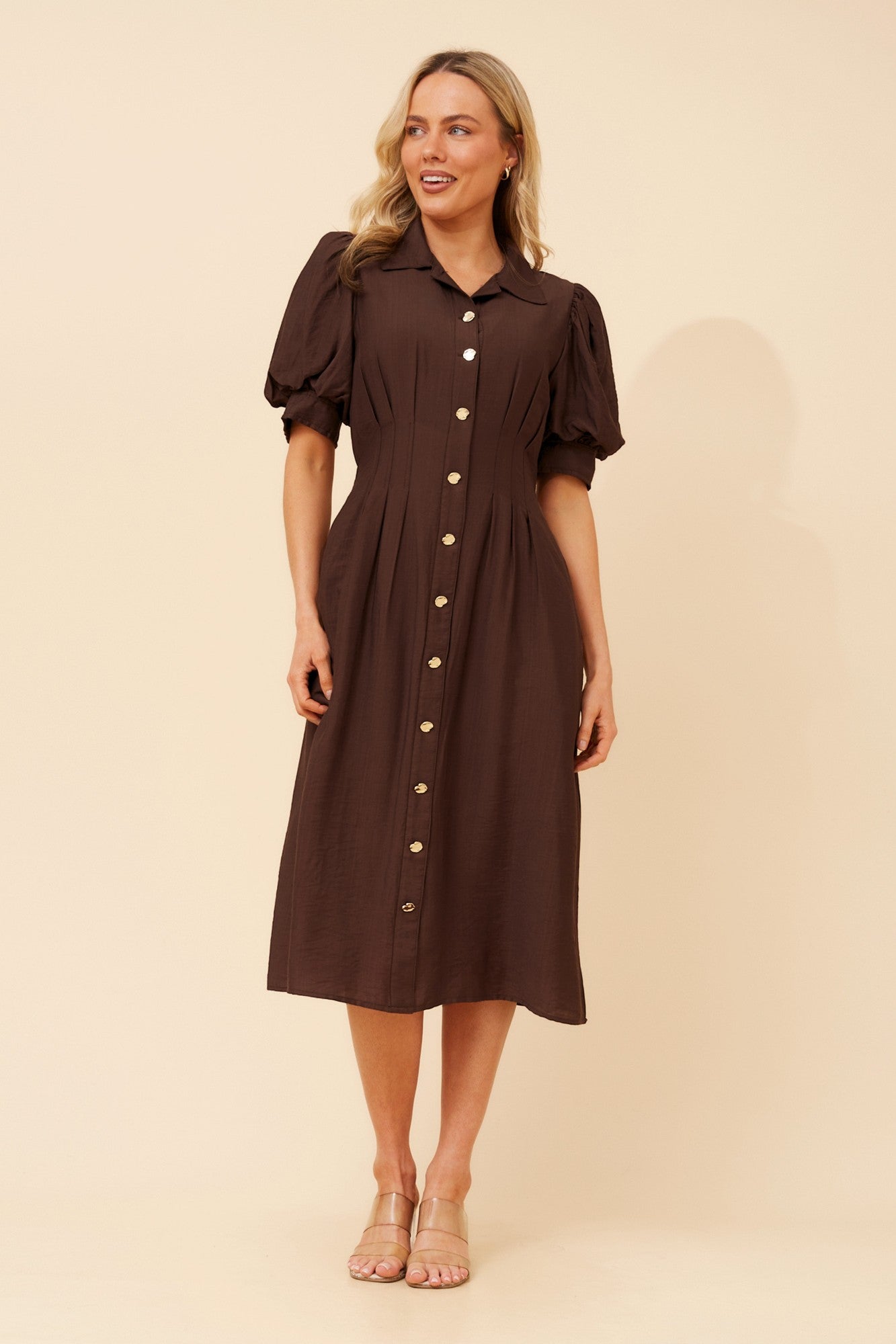 Image of Dresses. Product name - ELANEY SOLID MIDI DRESS in Chocolate colour by brand - Caroline Morgan Australia