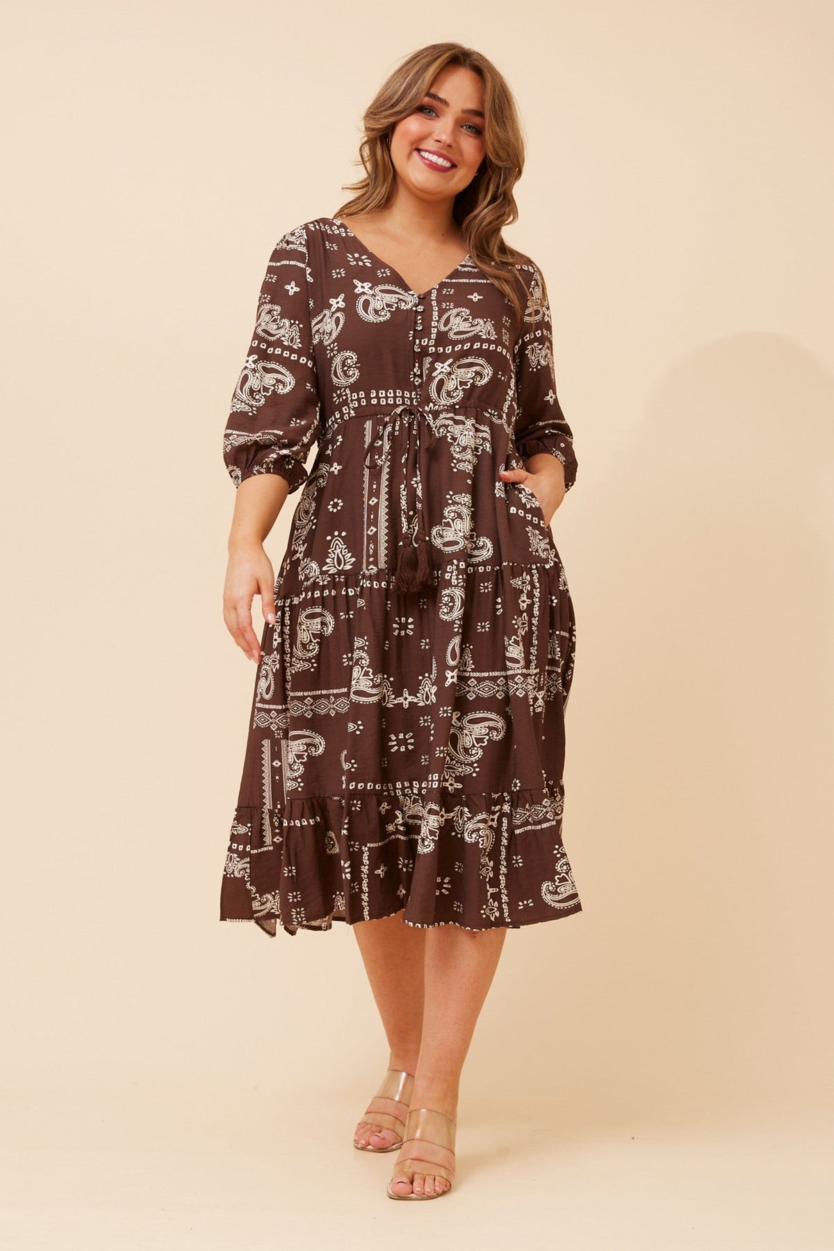 Image of Dresses. Product name - VITA BANDANA PRINT MAXI DRESS in Chocolate colour by brand - Caroline Morgan Australia