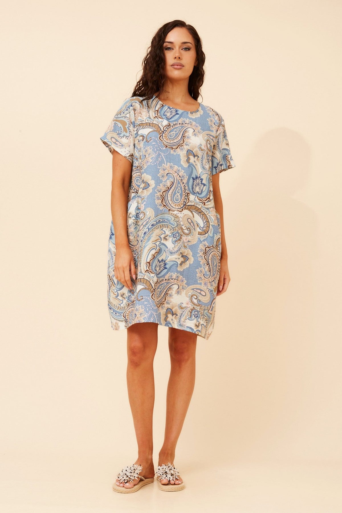 Image of Dresses. Product name - VINE PAISLEY PRINT DRESS in Multi Blue colour by brand - Caroline Morgan Australia
