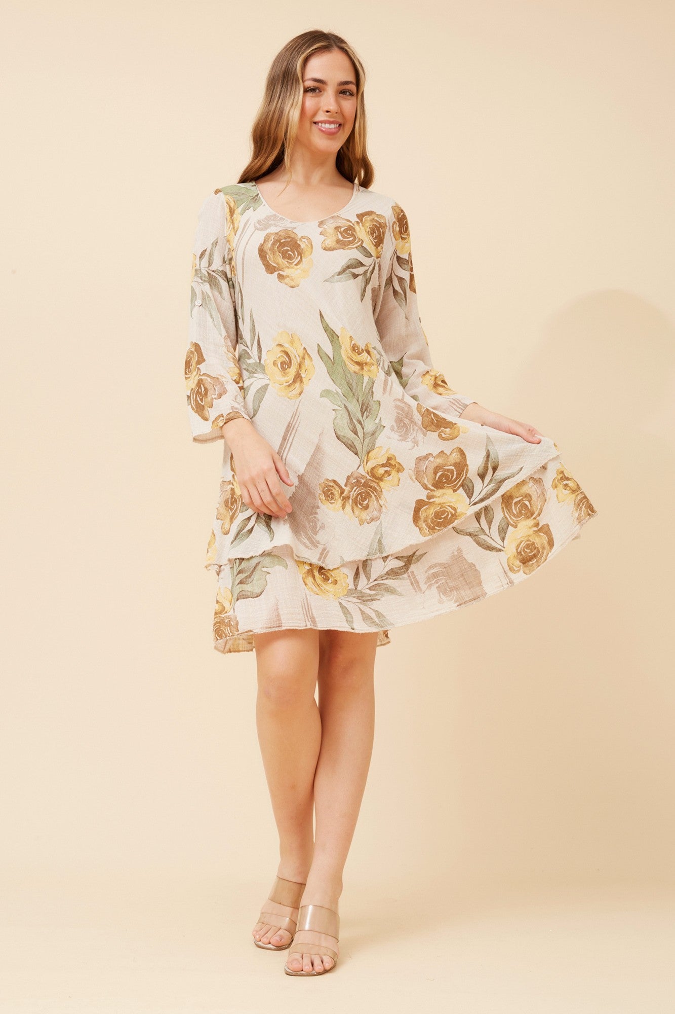 Image of Dresses. Product name - DONISA FLORAL DRESS in Beige colour by brand - BOTTEGA MODA