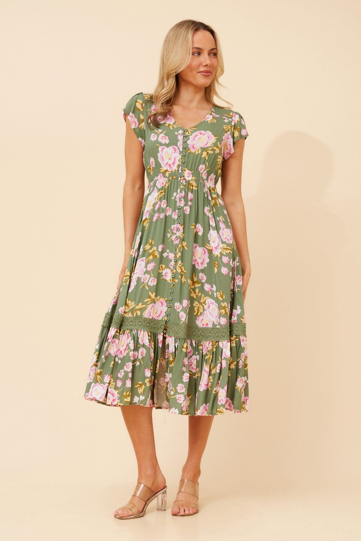 Image of Dresses. Product name - MOROCCO FLORAL MIDI DRESS in Green colour by brand - Caroline Morgan Australia
