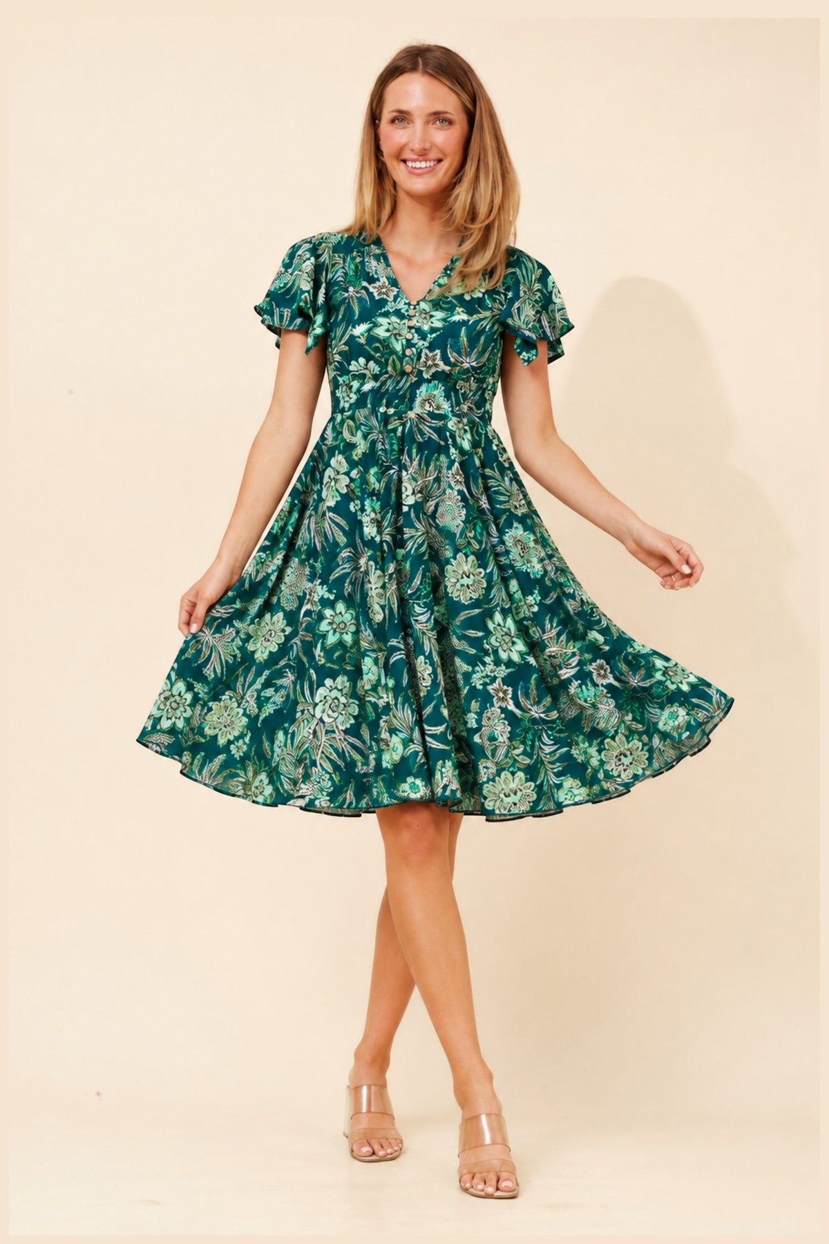 Image of Dresses. Product name - SANDY FLORAL MIDI DRESS in Emerald colour by brand - Caroline Morgan Australia