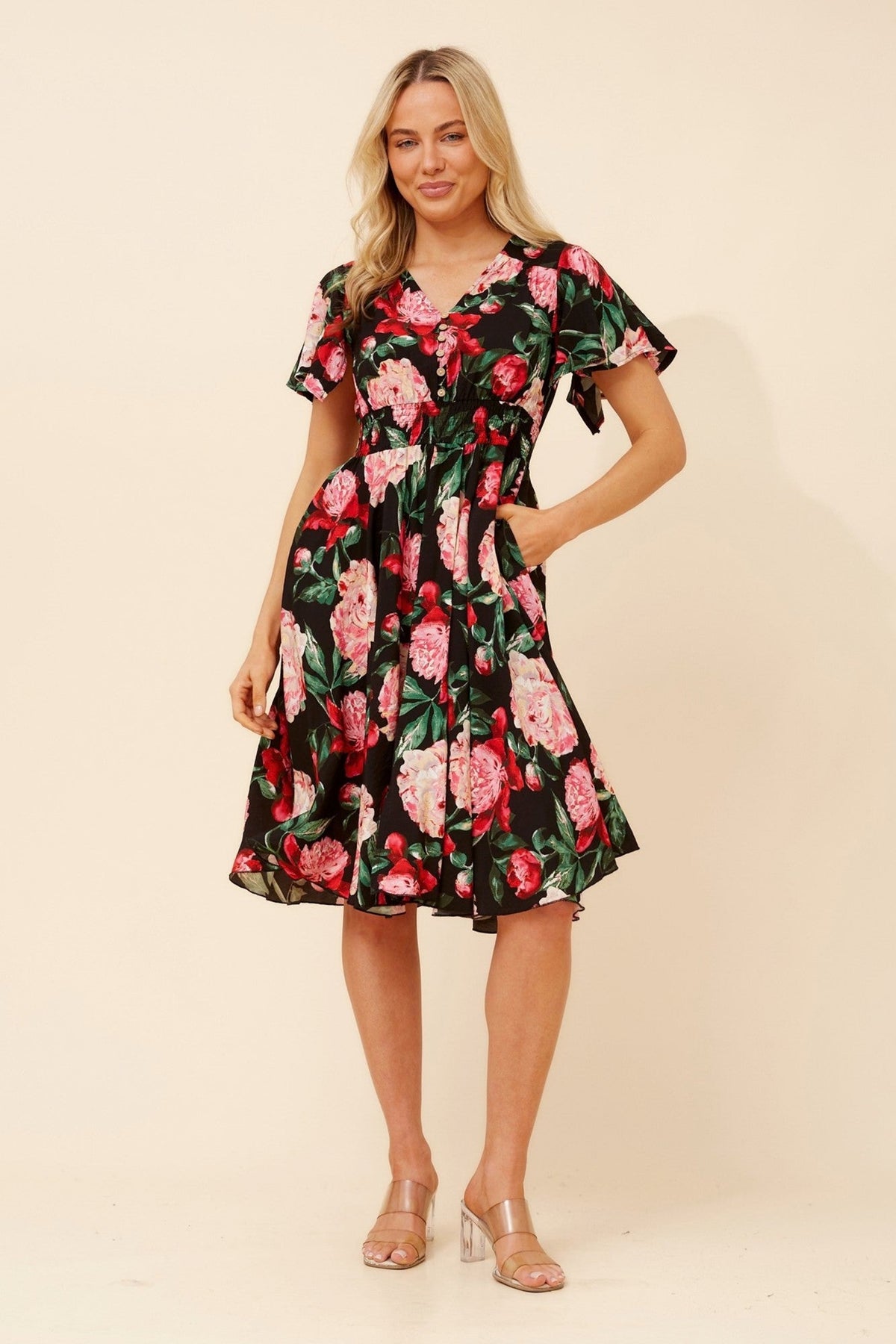 Caroline Morgan Australia SANDY FLORAL MIDI DRESS (Black)