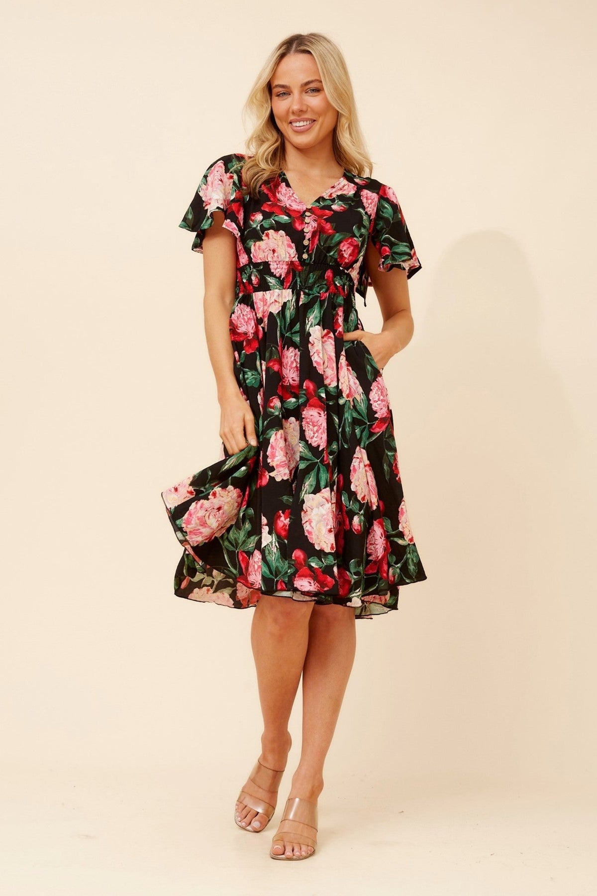 Caroline Morgan Australia SANDY FLORAL MIDI DRESS (Black)