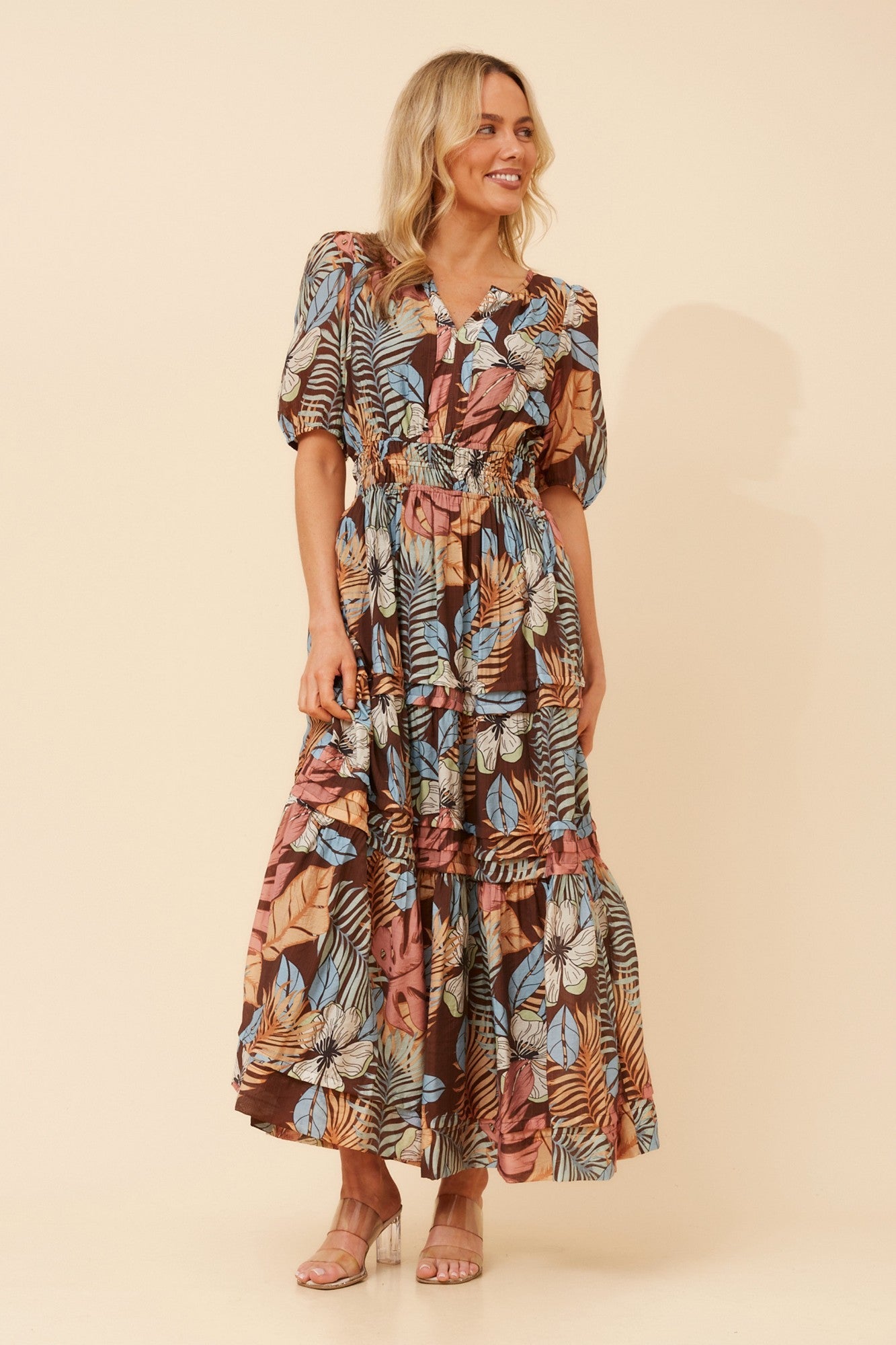 VIENNE TROPICAL PRINT MAXI DRESS (Chocolate)