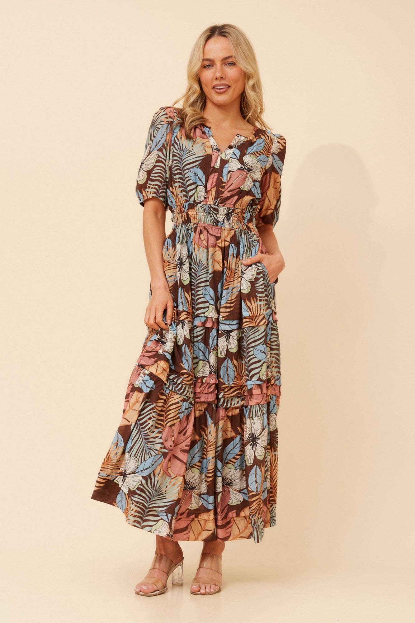 VIENNE TROPICAL PRINT MAXI DRESS (Chocolate)