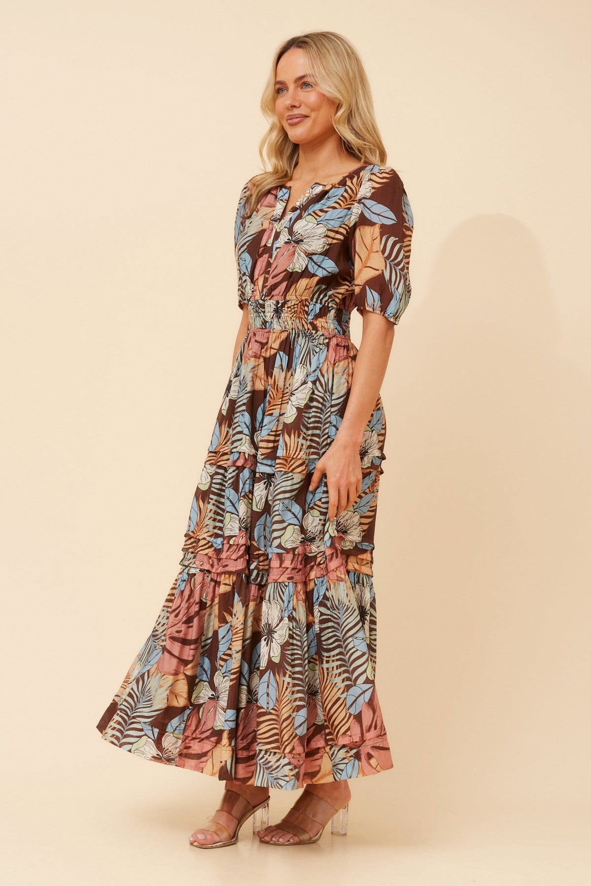 VIENNE TROPICAL PRINT MAXI DRESS (Chocolate)