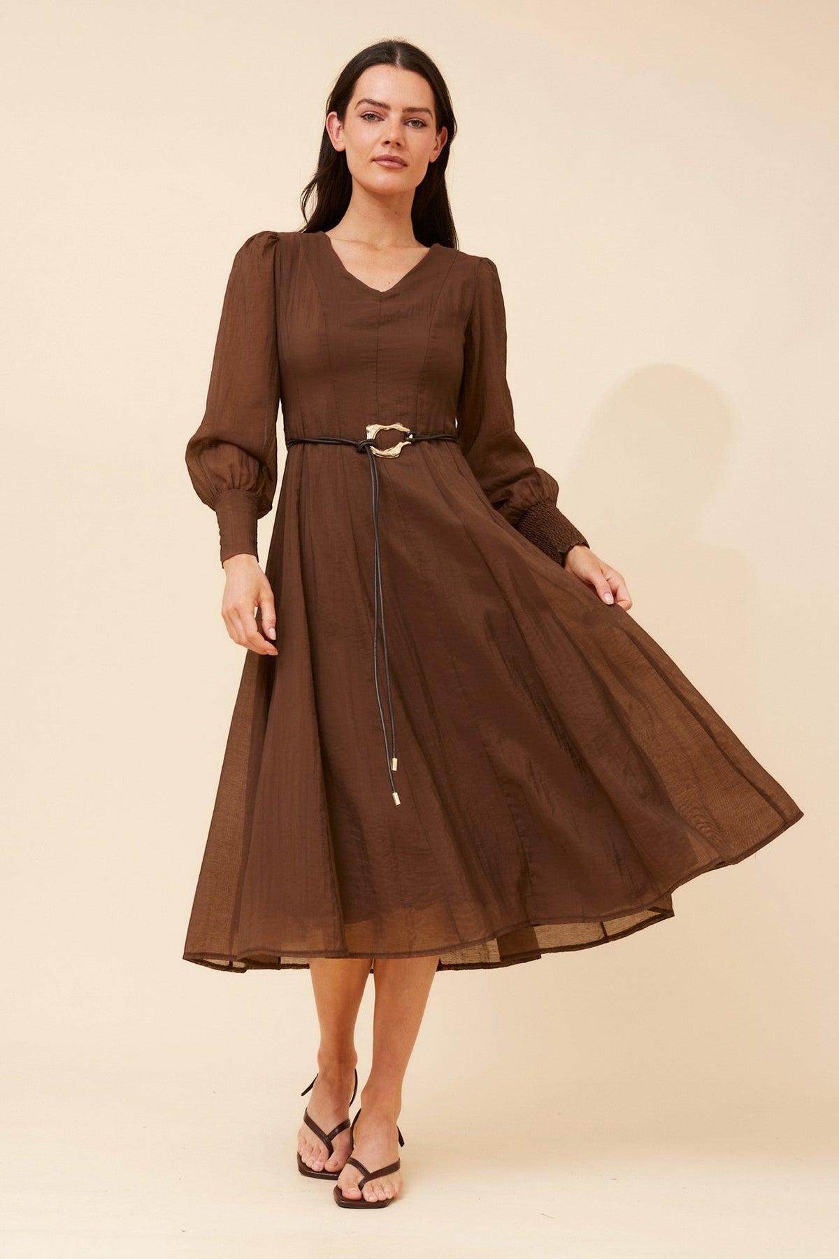 Image of Dresses. Product name - JANAE SOLID MIDI DRESS in Walnut colour by brand - Caroline Morgan Australia