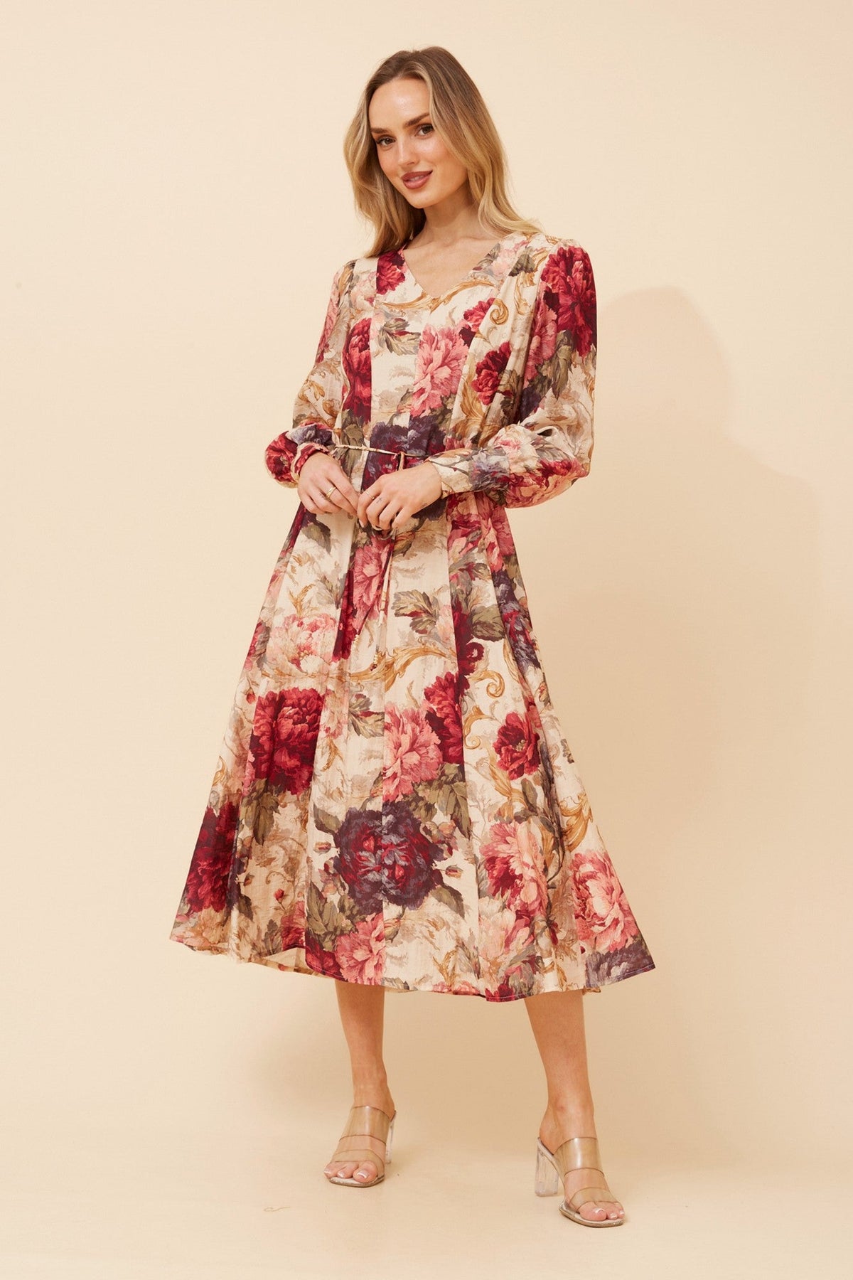 Image of Dresses. Product name - JANAE FLORAL MIDI DRESS in Beige colour by brand - Stella + Biancca