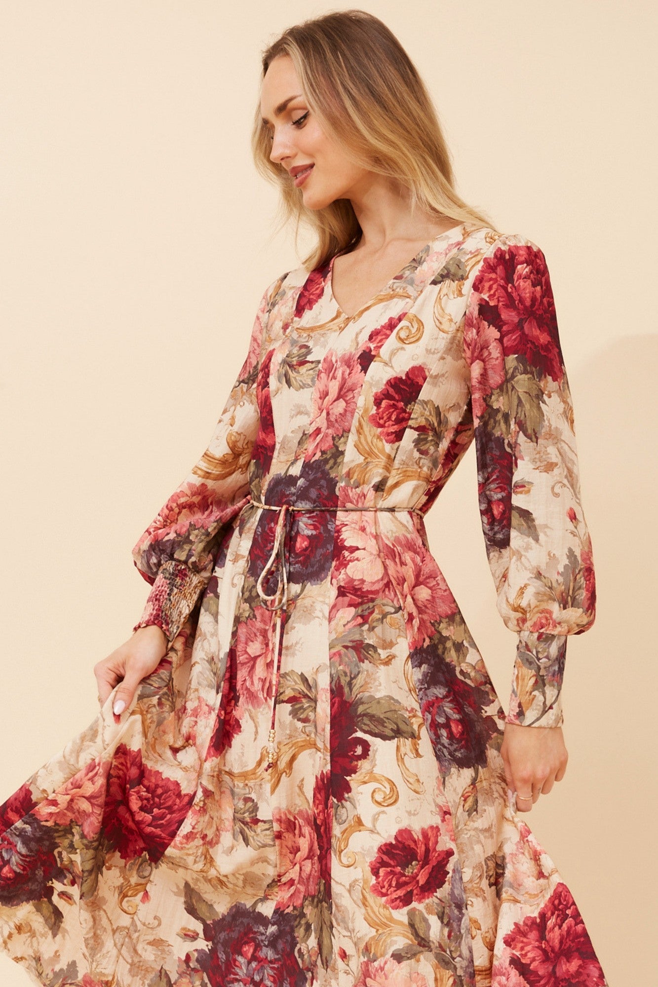 JANAE FLORAL MIDI DRESS (Beige)