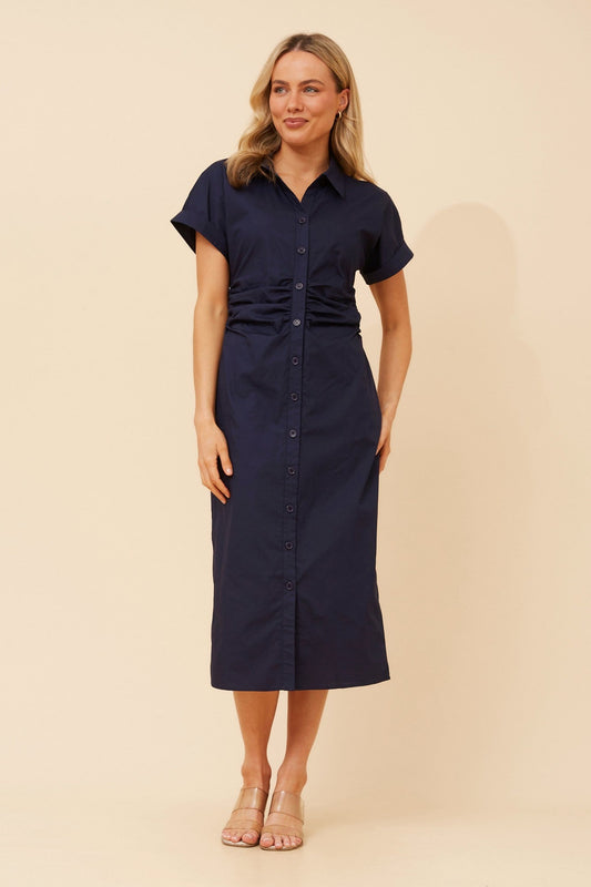 Image of Dresses. Product name - JASMIA SOLID MIDI DRESS in Navy colour by brand - Caroline Morgan Australia