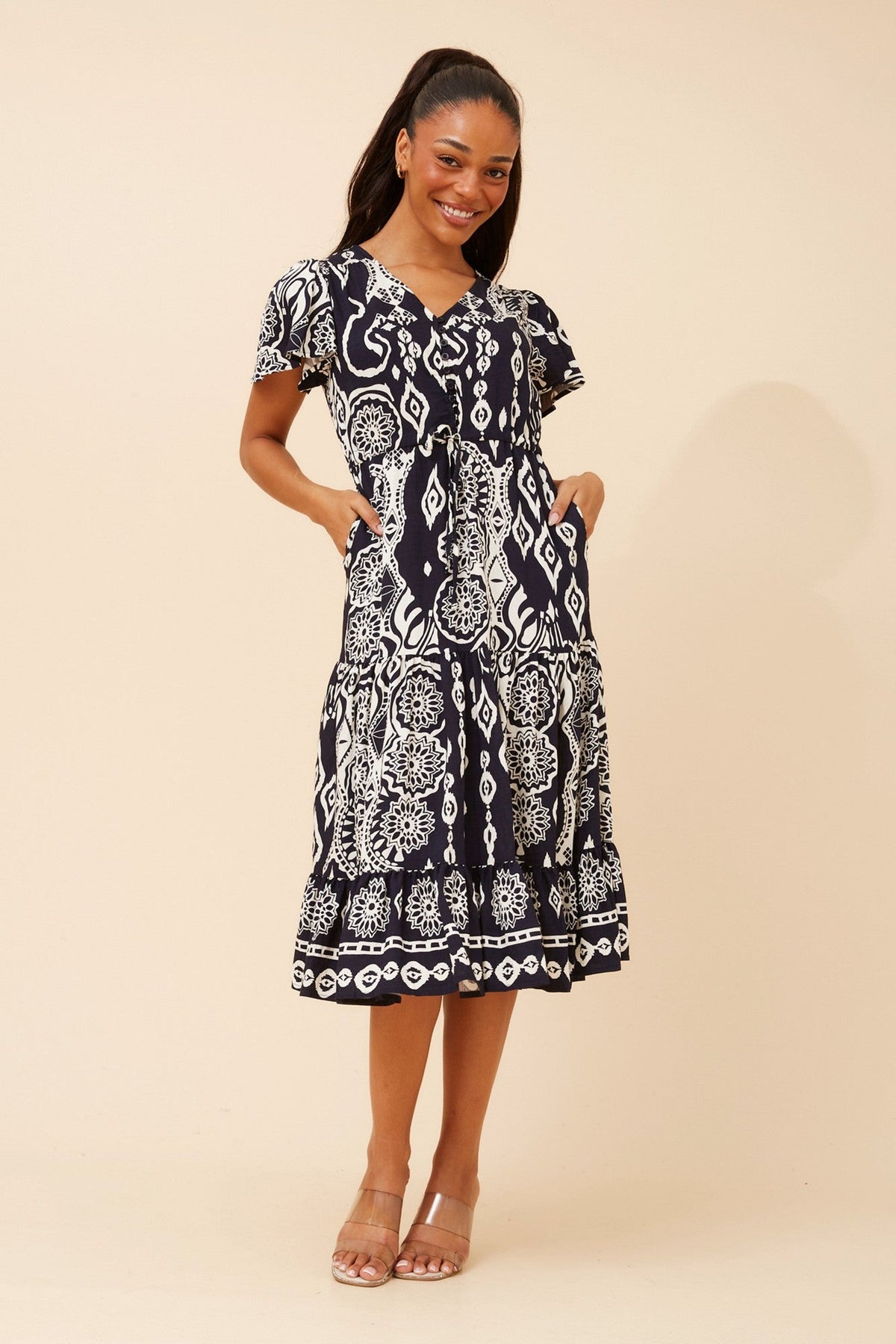 MARI BORDER PRINT MIDI DRESS (Dark Coffee)