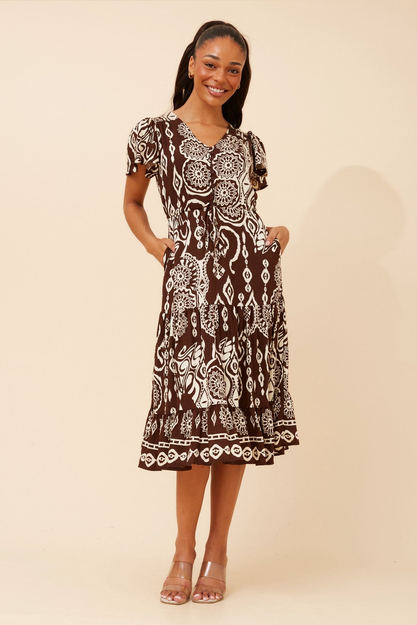 MARI BORDER PRINT MIDI DRESS (Dark Coffee)