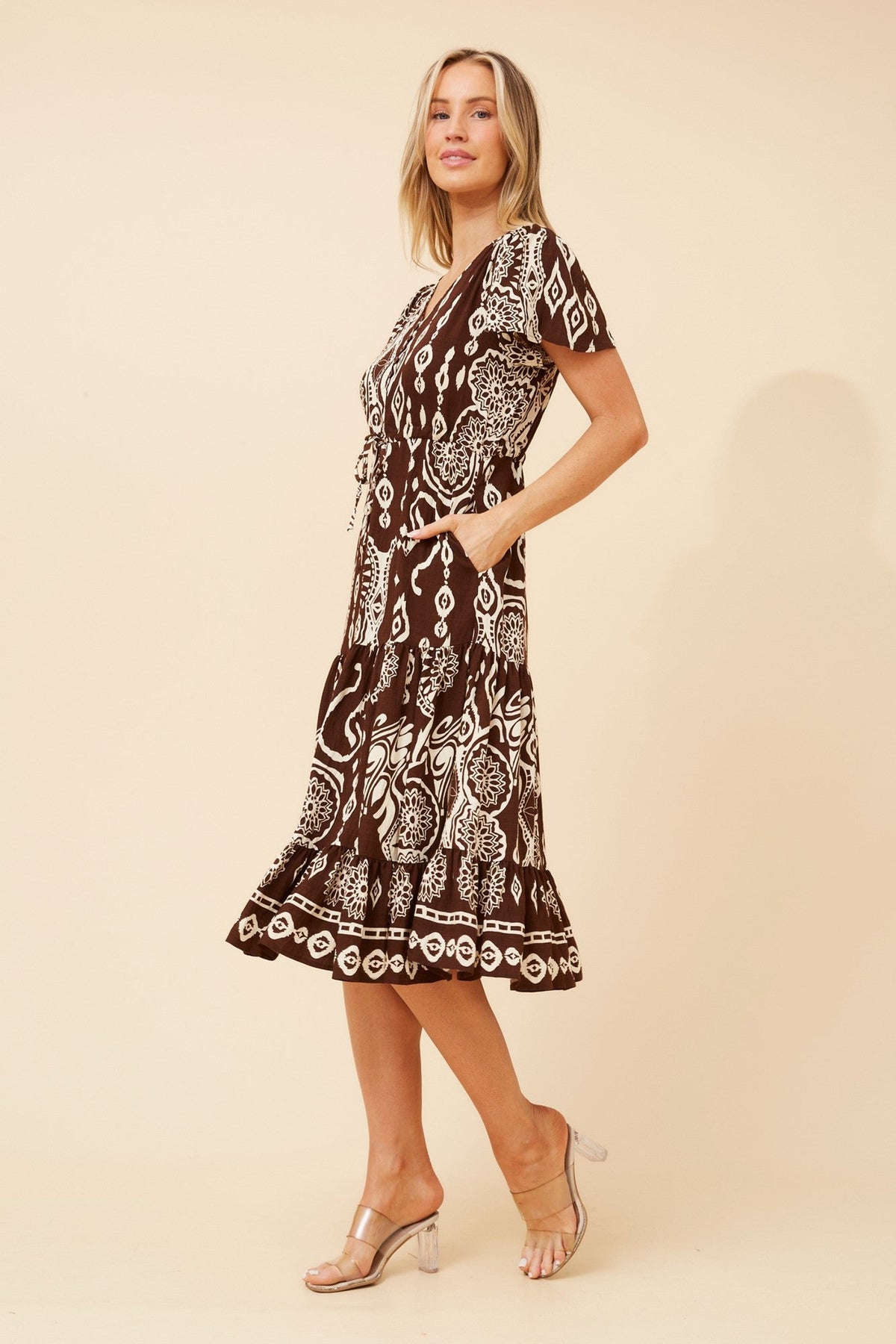 MARI BORDER PRINT MIDI DRESS (Dark Coffee)